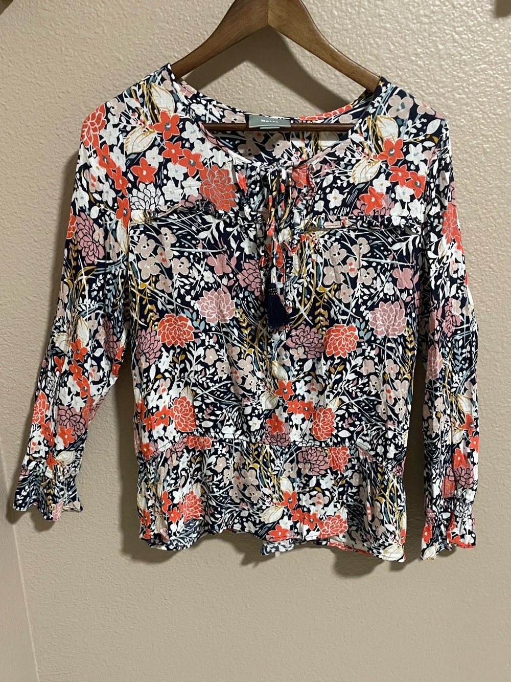 Maeve Anthropologie Floral Tie-Front Peasant Blouse - Navy with Coral & Pink